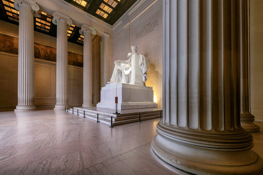 The Lincoln Memorial indoors at Sunrise on the National Mall in Washington DC.