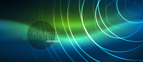 Neon glowing lines, magic energy space blue light concept, abstract background wallpaper design
