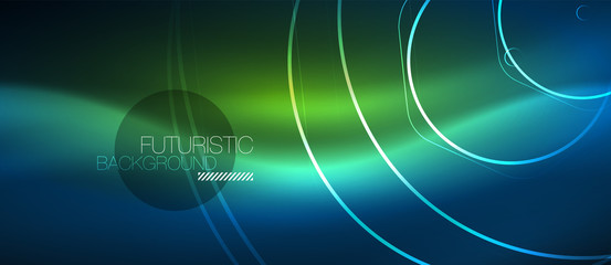 Neon glowing lines, magic energy space blue light concept, abstract background wallpaper design