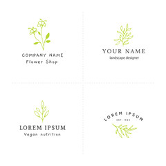 Vector set of floral hand drawn logo templates in elegant and minimal style.