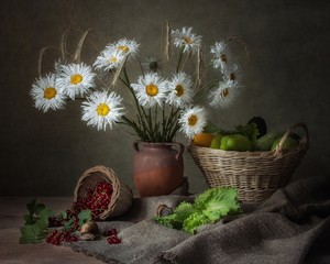 Still life with beautiful bouquet of daisy flowers