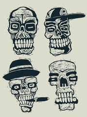 skulls set. engraving style. vector illustration.