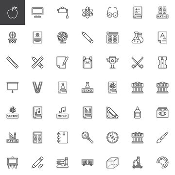 Education elements outline icons set. linear style symbols collection, line signs pack vector graphics. Set includes icons as School, College, Library, Mortarboard, Atom, Diploma, Globe, Pencil, Medal