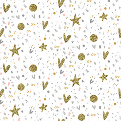 Vector seamless pattern with fireworks, confetti, stars, hearts