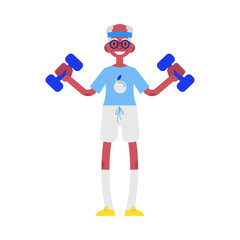 Vector flat elderly man in sportsuit doing sport. Old male character working out with dumbbells. Grandfather at retirement, pension and healthy lifestyle.