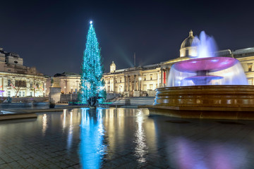 Festlich geschmückter Weihnachtsbaum am Trafalgar Square in London, Großbritannien - obrazy, fototapety, plakaty