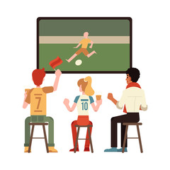 Vector cheerful men and woman sitting at chair at pub, bar or cafe holding glass of beer raising hand up watching football match on tv rooting for the team. Isolated illustration