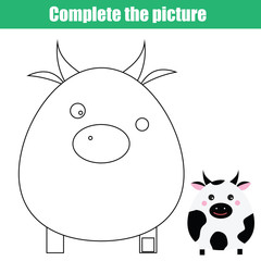 children educational game. Complete the picture. Coloring page. Kids activity with cow. Printable drawing worksheet. Animals theme
