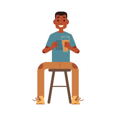 Vector cheerful man sitting at chair at pub, bar or cafe holding glass of beer raising hand up watching football match rooting for the team. Isolated illustration