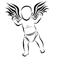 Running winged bald child in shorts, black pattern