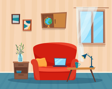 Living room with sofa, computer and table. Cartoon flat style vector illustration.