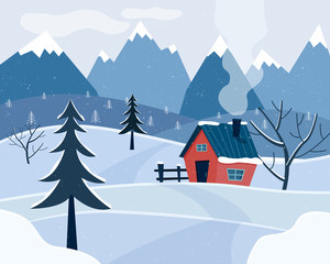 Fototapeta premium Winter snowy landscape with mountains and country house. Christmas season. Flat cartoon style vector illustration.
