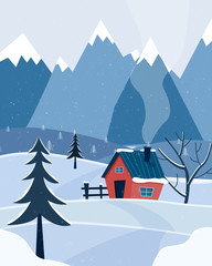 Obraz na płótnie Canvas Winter snowy landscape with mountains and country house. Christmas season. Flat cartoon style vector illustration.
