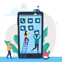 Phone concept with small people. Design mobile applications and communication, social networking, video,news,messages icons. Flat cartoon style vector illustration.