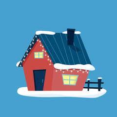 Christmas house with snow decorated lights. Happy new year. Flat cartoon style vector illustration.