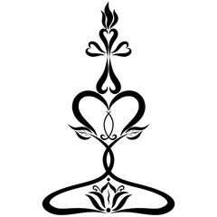 burning candle in the shape of a cross on a candlestick made of hearts with a flower and symbolic fish