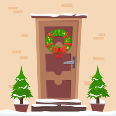 Door with christmas wreath. Flat cartoon style vector illustration.