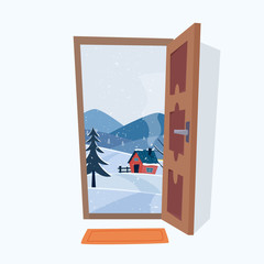 Door into winter landscape. Flat cartoon style vector illustration.