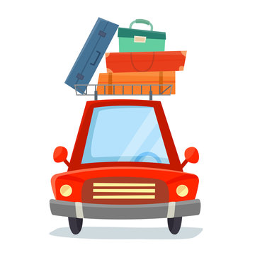 Red car with suitcases. Flat cartoon style vector illustration.