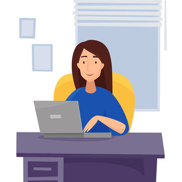 Woman work at computer in office. Flat cartoon style vector illustration.