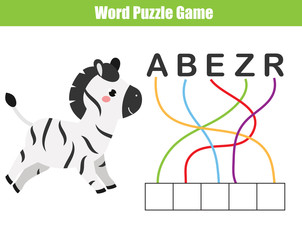 Words puzzle children educational game. Place the letters in right order. Learning vocabulary. Animals theme. Zebra
