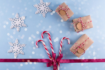 Christmas gift boxes collection with decorations and and candy cane, for mock up template design. View from above. Flat lay