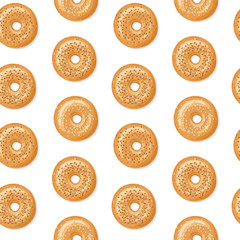 Seamless pattern with top view of fresh bagels, white and brown sesame seeds on top, white background. Delicious breakfast. Vector seamless pattern. - 239305395