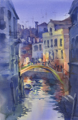 Venetian night lights watercolor landscape. A canal with gondolas under the bridge
