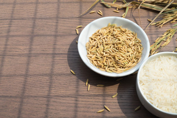Organic Paddy Seeds, Unmilled Rice and white rice on wood background with copy space, healthy food.