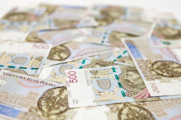 Banknoty 500 PLN, mała głębia ostrości