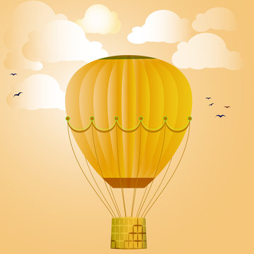 Large isolated colored balloon against the bright sky, clouds and birds. Vector illustration for your design.