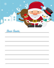 Letter to Santa Claus. Santa Claus, reindeer and snowman waving