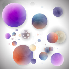 Multicolored, voluminous, bright, variegated balls and circles on a gray background. Modern abstract background for your design. Vector graphics.