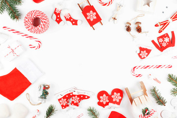 Collection of Christmas objects on a white background with an empty place for text. Top view. Flat lay