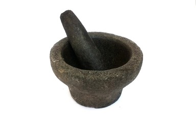 Black stone mortar.Kitchen Equipment.white background.