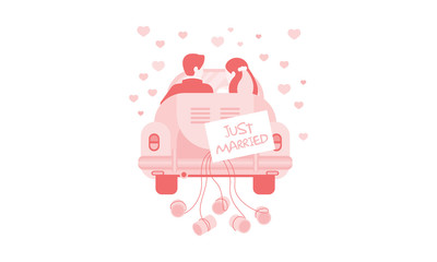 Just married bride and groom in car, wedding invitation, greeting card, banner, poster vector Illustration