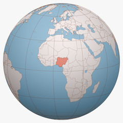 Nigeria on the globe. Earth hemisphere centered at the location of the Federal Republic of Nigeria. Nigeria map.