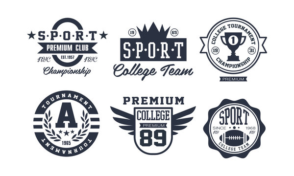 Sport College Team Logo Design Set, Vintage Premium Sport Club Emblem Or Badge Vector Illustration