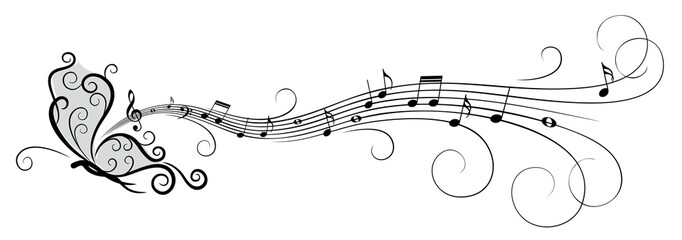 Symbol of butterfly with music notes. 