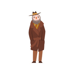 Man with head of owl, bird character wearing retro clothes vector Illustration on a white background