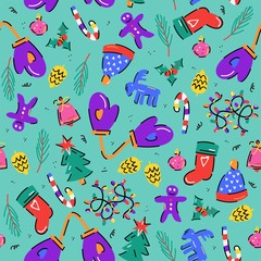 Vector seamless christmas pattern with handdrawn winter accessories. - 239308739