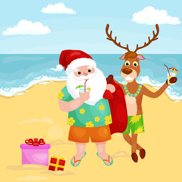 Cartoon reindeer and santa claus in festive hat with cocktails