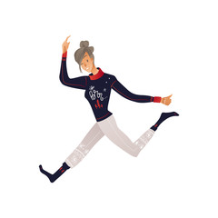 Vector illustration of young smiling woman in home cozy clothes jumping with happiness and having fun - isolated female cartoon character in pajama with winter holiday pattern.