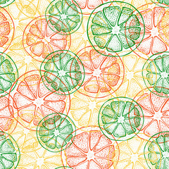 Vector seamless pattern with hand drawn citrus fruit, slices pieces sketch. Mandarin orange, tangerine, lime, lemon, grapefruit. Detailed vegetarian food  illustration