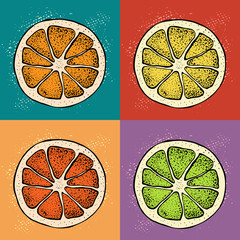 Pop art vector illustration with  hand drawn citrus fruit, slices pieces sketch. Mandarin orange, tangerine, lime, grapefruit, lemon on colorful background. Detailed vegetarian food pattern