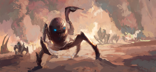 Terrorist scenes of alien invasion of the earth, digital painting.