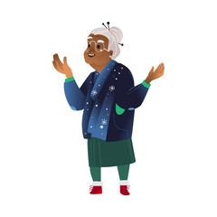 Vector excited african grandmother in warm sweater with stars spreading hands in anticipation of good event or present. Grey-haired elderly woman, senior female character illustration