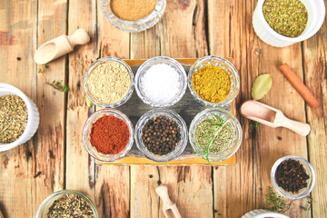 Flat lay of Seasoning background. Spice and herb seasoning with fresh and dried