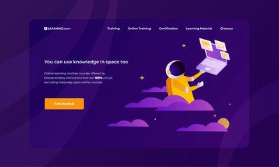 Online education website first screen with an astronaut learning in space by tutorials on his laptop. Motivation to study new knowledge and skills through online platforms. Online learning concept.