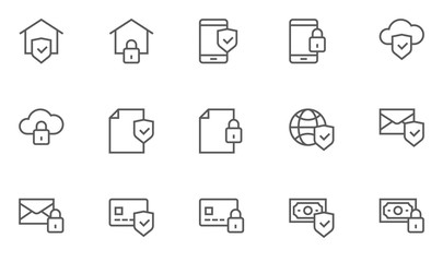 Security and Protection Vector Line Icons Set. Contains Global Security, Data Protection and more. Editable Stroke. 48x48 Pixel Perfect.